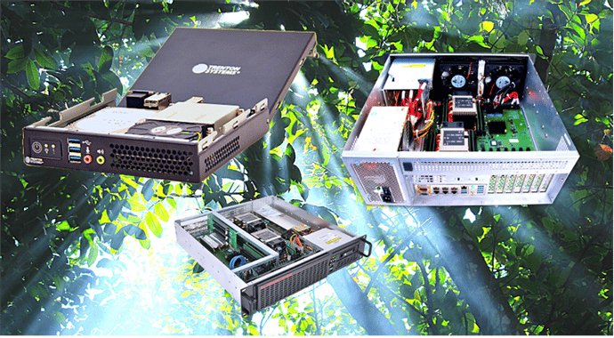 A rugged mini PC and rugged servers beneath a jungle canopy with the sun's rays shining through the leaves of the tall trees